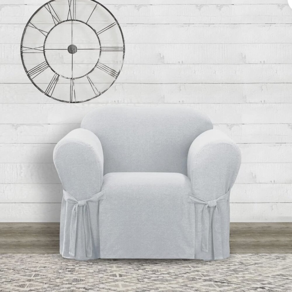 Farmhouse Basketweave Box Cushion One Piece Slipcover with Ties, Armchair Cover